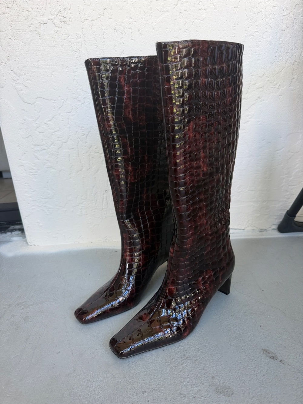Steve Madden Croc-Embossed Tall Square-Toe Boots in Deep Burgundy